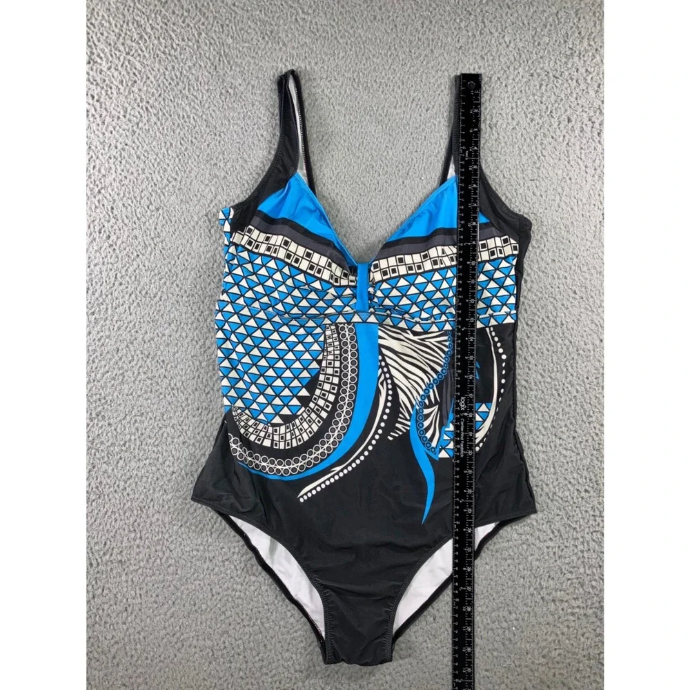 One‎ Piece Swimsuit Women 2XL Black Blue Geometric Tribal Print V-Neck Abstract
